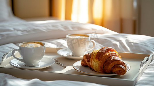 酒店房间的床上的早餐高清图片