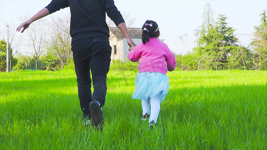 父亲节父女摄影照片_实拍父亲节父女草地上奔跑陪伴父爱模板