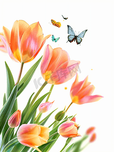 春天的花朵郁金香孤立在白色背景雪花莲花朵和蝴蝶
