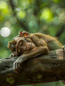 猴子睡在木材上北方猪尾猕猴