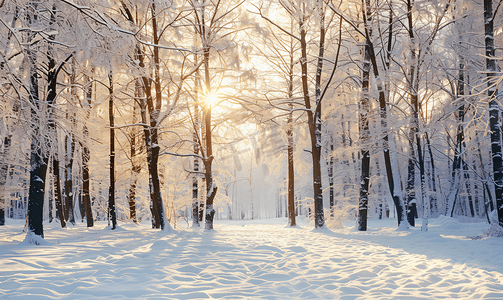 圣诞雪雪摄影照片_冰冻的冬季森林有雪覆盖的树木户外圣诞贺卡