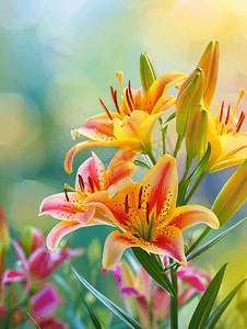 夏日风景背景中色彩鲜艳的百合花