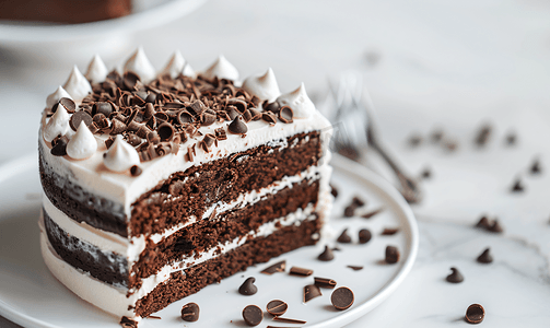 巧克力蛋糕配白色糖霜和巧克力屑