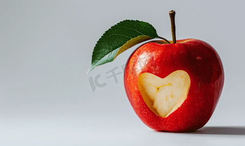 心形绿色树摄影照片_白色背景上被咬的心形红苹果