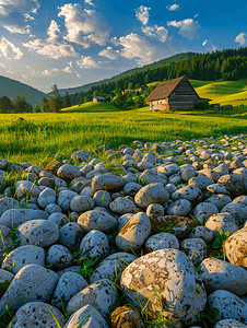 木制村庄小屋或度假屋附近犁过的春田上有很多石头
