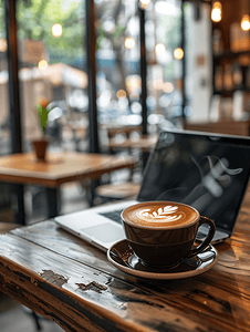 咖啡店商业概念中木桌上的咖啡杯和笔记本电脑
