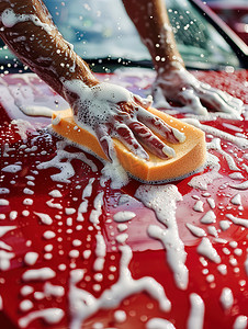 工人在洗车场用海绵洗车特写高清图片