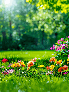夏日田野摄影照片_草坪上开满了鲜艳的花朵夏日花园
