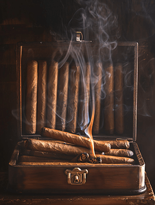 吸烟室标识摄影照片_在装满雪茄的木制雪茄盒上燃烧雪茄