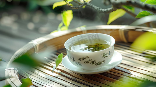 白瓷茶杯绿茶品茶高清图片