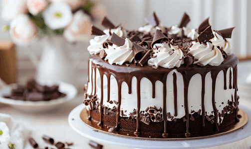 巧克力蛋糕配白色糖霜和巧克力屑