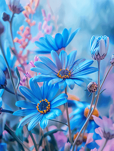 明媚春天摄影照片_夏日风景色彩鲜艳的蓝色雏菊花
