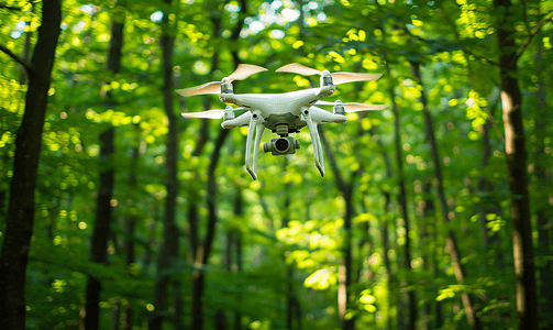 绿色森林背景上带摄像头的白色飞行四轴飞行器