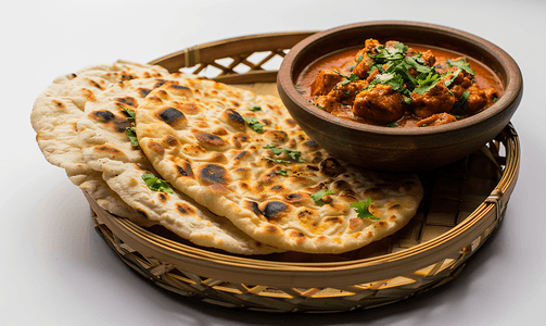 马萨拉蒂摄影照片_鸡肉咖喱辣味肉类食物搭配印度煎饼或印度烤饼