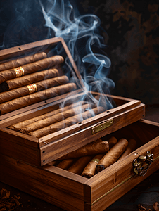 烟草执法漫画摄影照片_在装满雪茄的木制雪茄盒上燃烧雪茄