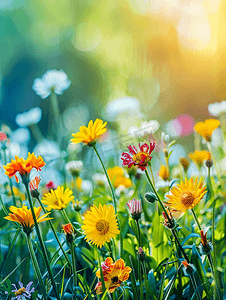 草坪上开满了鲜艳的花朵夏日花园