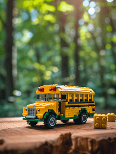 木桌上的玩具砖和校车