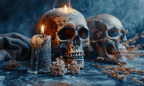 万圣节恶魔摄影照片_深色背景中燃烧蜡烛和干花的头骨