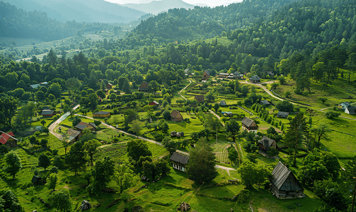 绿色村庄的空中全景有房屋谷仓和森林中的碎石路