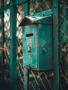 淘宝首页家居风格摄影照片_栅栏上的邮箱带锁的钢制邮箱栅栏细节