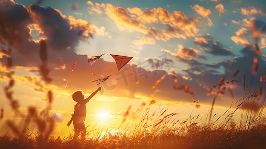 快乐的孩子放风筝高清图片