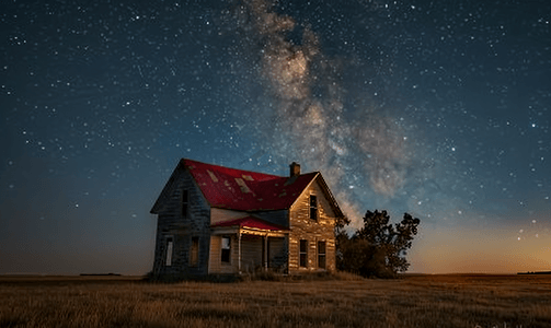 蓝色宇宙星空摄影照片_银河系老废弃房屋红色屋顶在空地上