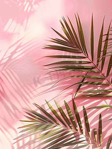 面霜背景摄影照片_浅粉色背景上的热带棕榈叶阴影