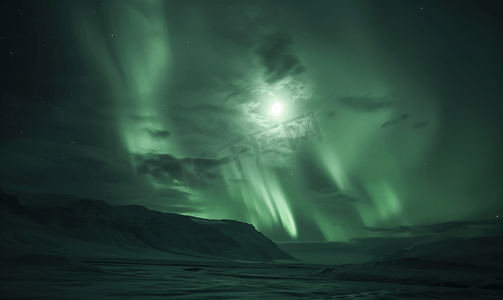 极光之恋摄影照片_冰岛满月光芒映衬下天空中的极光