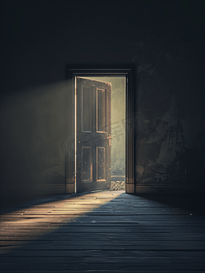 神秘仙境摄影照片_门打开了里面是一个黑暗的房间光线进来了