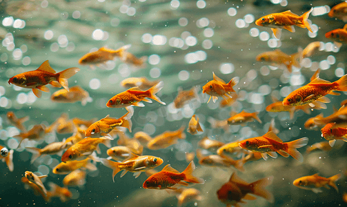 线条蛋糕摄影照片_淡水湖中的一群红色小鱼