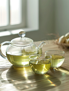 摄影照片_透明的玻璃茶壶和茶杯摄影图