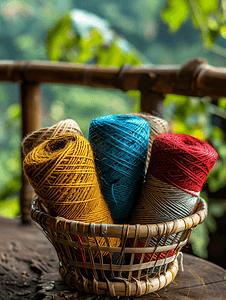 竹篮里纺纱的纱线和百叶窗编织组