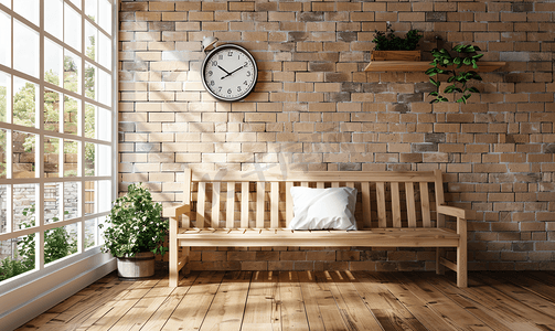 带窗户的砖墙摄影照片_带白色窗户和布谷鸟钟的木凳挂在地板木材上的复古砖墙