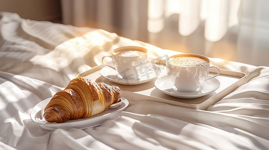 酒店房间的床上的早餐图片