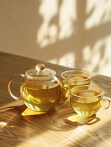 透明的玻璃茶壶和茶杯照片