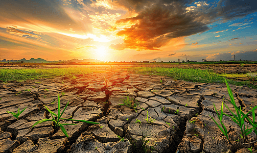 干旱摄影照片_显示旱地影响的全球变暖概念图