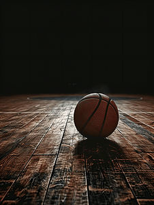 篮球赛战报摄影照片_篮球场上的木地板灯光和黑色背景