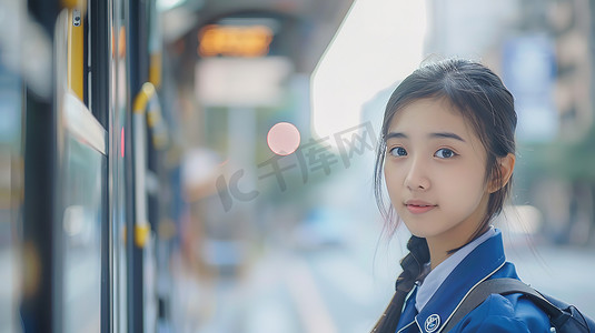 年轻的女孩在等公交摄影照片