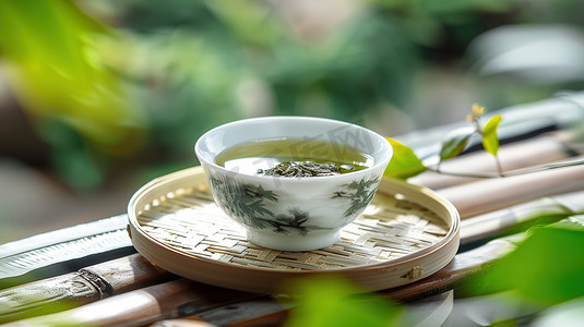 白瓷茶杯绿茶品茶摄影图