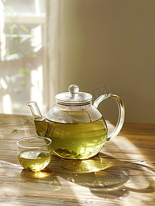 冒烟的茶杯摄影照片_透明的玻璃茶壶和茶杯摄影图