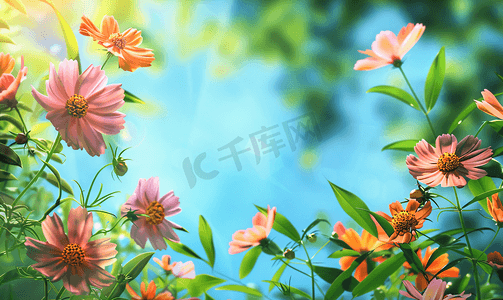 夏日风景背景上鲜艳的彩色花朵和树叶