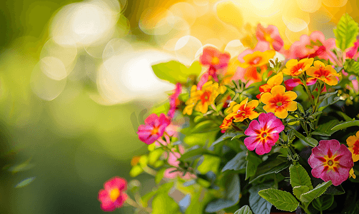 花朵和叶子摄影照片_夏日风景背景上鲜艳的彩色花朵和树叶