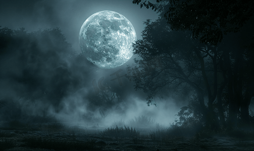 神秘森林卡通摄影照片_漆黑的夜晚在有满月的森林里