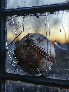 棒球摄影照片_棒球穿过破窗