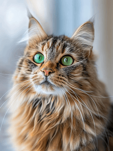 动物眼睛摄影照片_长毛棕色虎斑猫绿眼睛的特写肖像