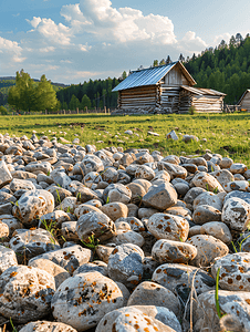 木制村庄小屋或度假屋附近犁过的春田上有很多石头