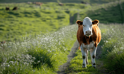搞怪红牛商标摄影照片_人行道附近田野上的红白牛