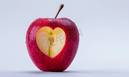 心形红色摄影照片_白色背景上被咬的心形红苹果