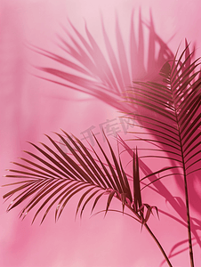 化妆品海报摄影照片_浅粉色背景上的热带棕榈叶阴影