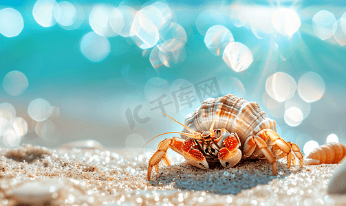 海滩沙滩摄影照片_寄居蟹生活在海边的沙滩上